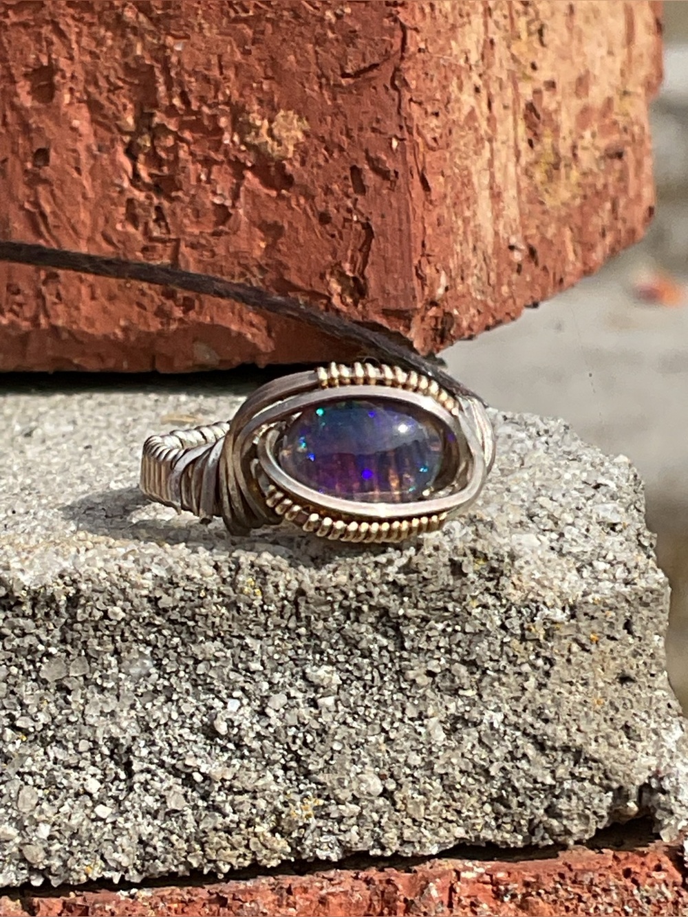 Mexican Black Fire Opal Silver and Gold Ring 7